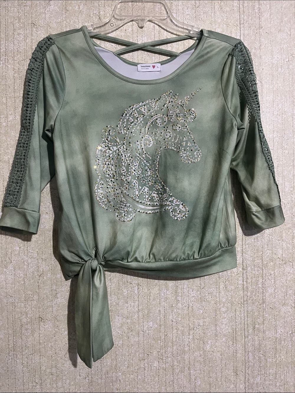 Heart Soul Girls Sage Green Unicorn Tie-Front Sweatshirt